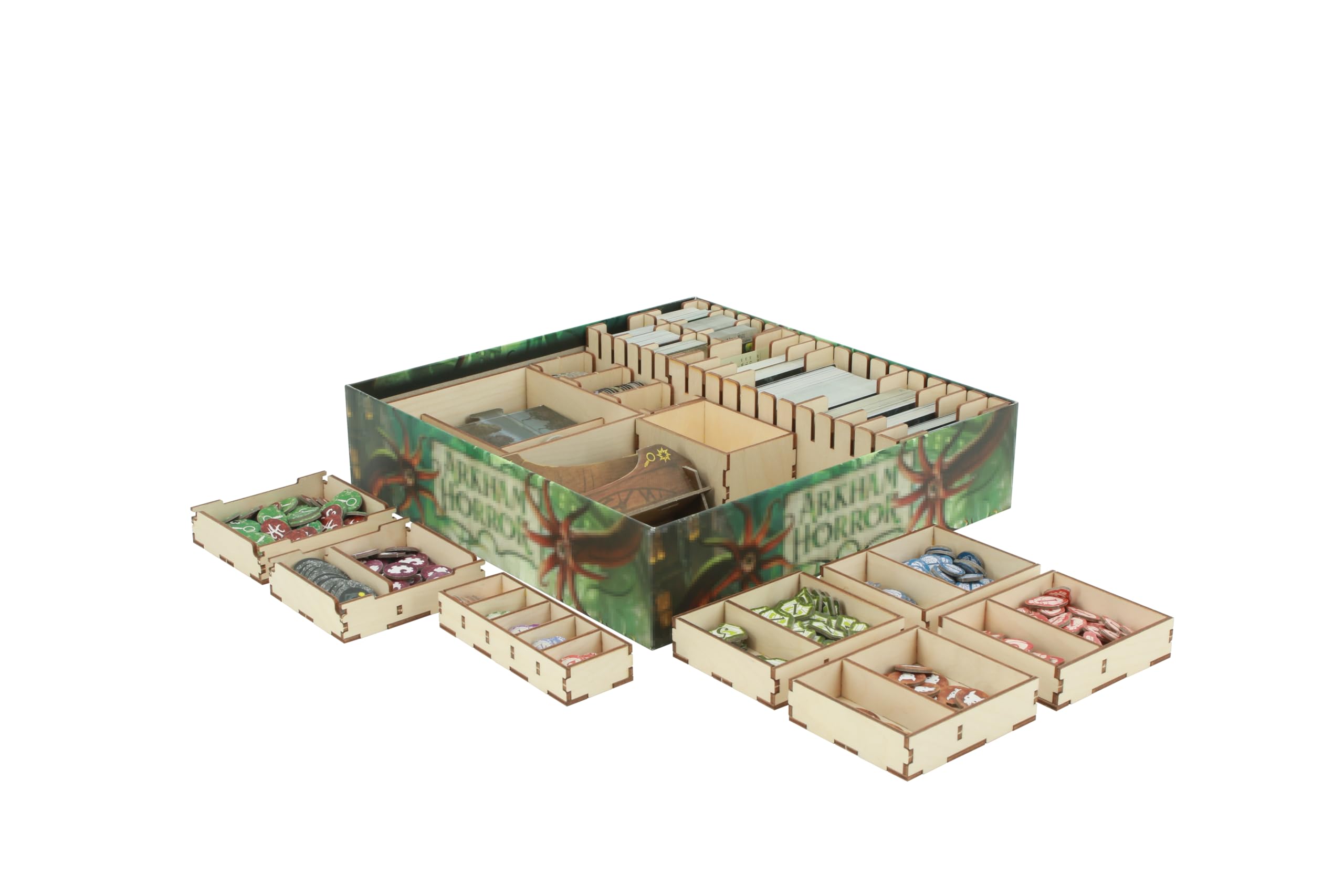 The Broken Token Arkham Horror 3rd Edition Compatible Game Organizer - Birch Wood Storage Box with Trays for Cards, Clues, Doom & More - Compatible w/Dark Waves