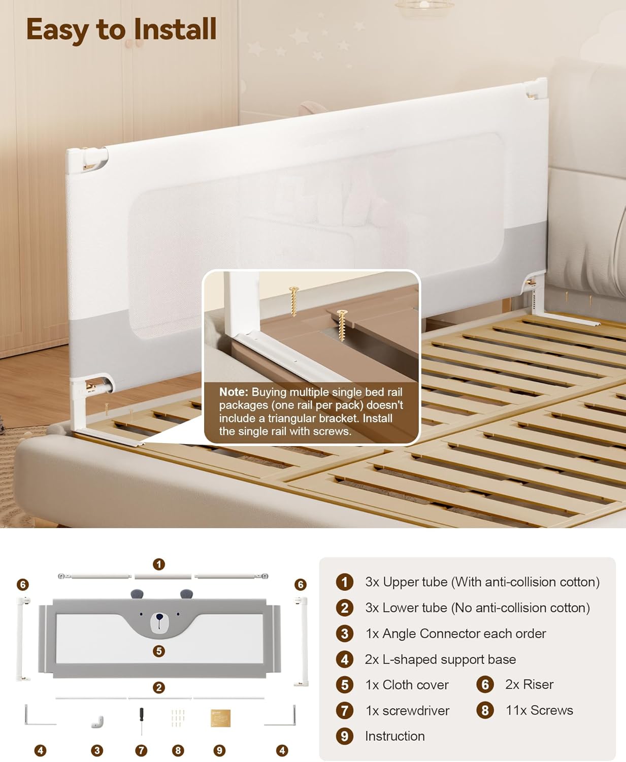 Diagram showing all parts included in the bed rail package for assembly.
