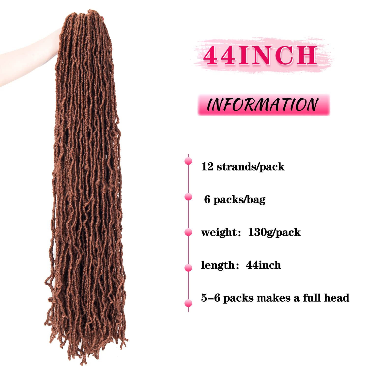 44 Inch New Faux Locs Crochet Hair 130g/Pack and 6 Packs/lot Extremely Long Goddess Soft Locs Hair Pre-Looped Synthetic Fiber Soft Locs Braiding Hair for Female (350#, 44 Inch (6Packs))