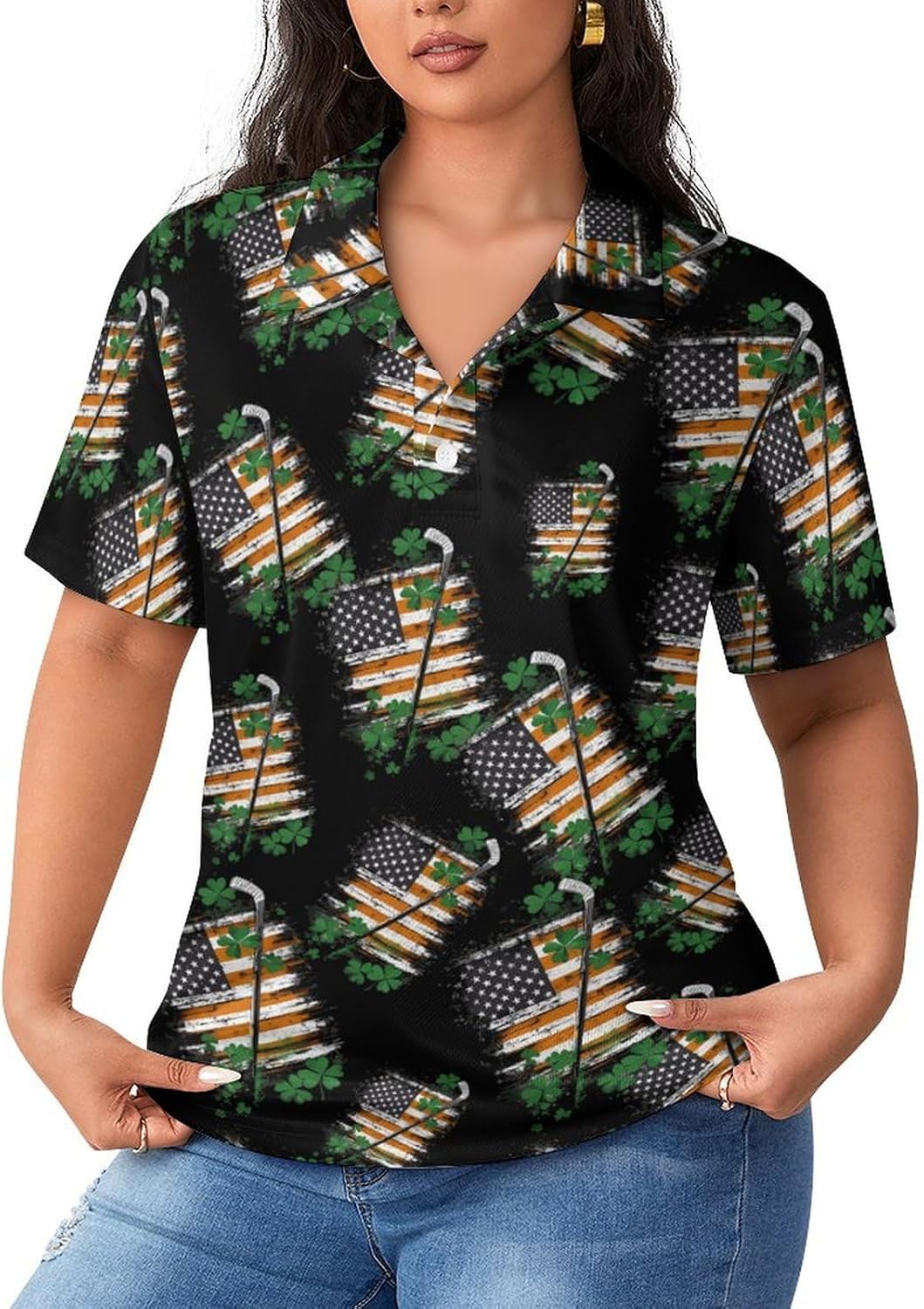 St and Patricks Hockey USA Flag Women's Golf Polo Shirts Short Sleeve Quick Dry Tennis Tops Casual Work Blouses