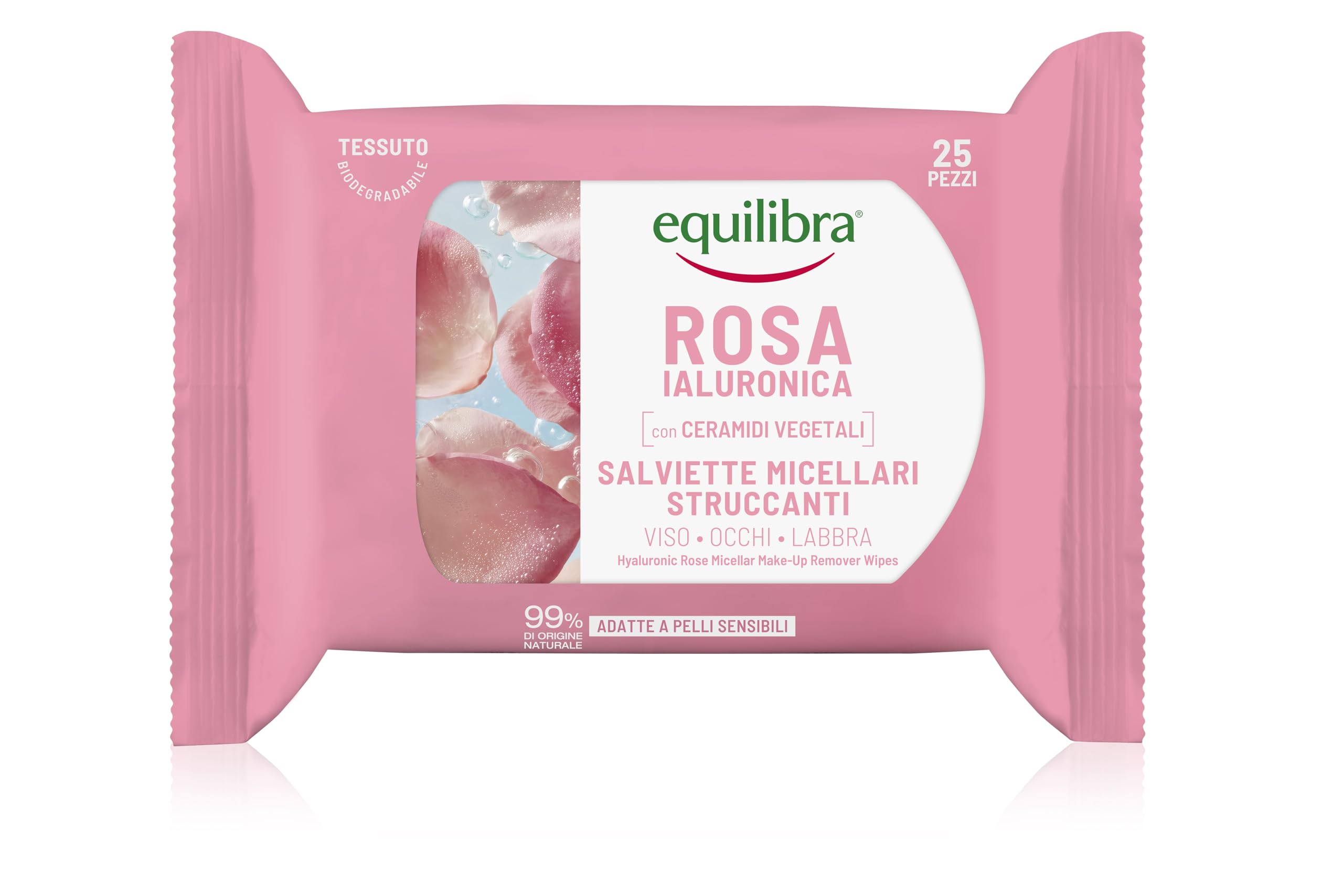 Equilibra, Rosa Ialuronica Salviette Micellari Struccanti, in Tessuto 100% Naturale Viscosa, con Estratto di Rosa Fermentata, Acido Ialuronico e Ceramidi Vegetali, Struccano Delicatamente, 25 pz