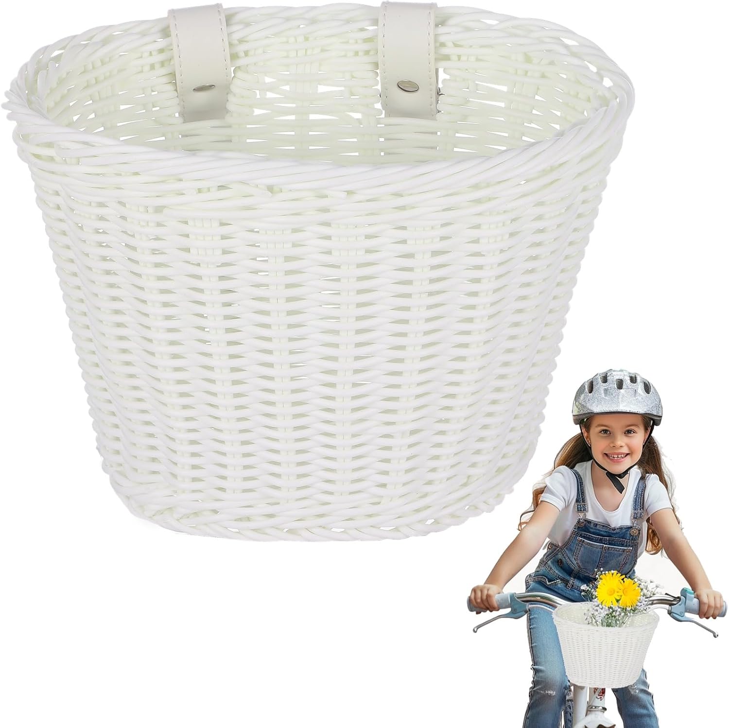 Kids Bike Basket with Adjustable PU Belts, Wicker Bike Baskets Handmade Woven Rattan Bike Basket Front Handle Children Bike Basket for Children Bicycle Accessories