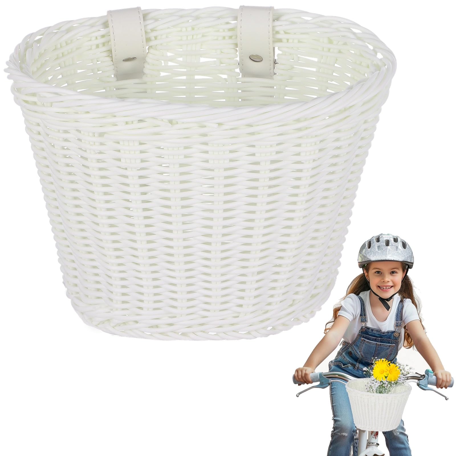 Kids Bike Basket with Adjustable PU Belts, Wicker Bike Baskets Handmade Woven Rattan Bike Basket Front Handle Children Bike Basket for Children
