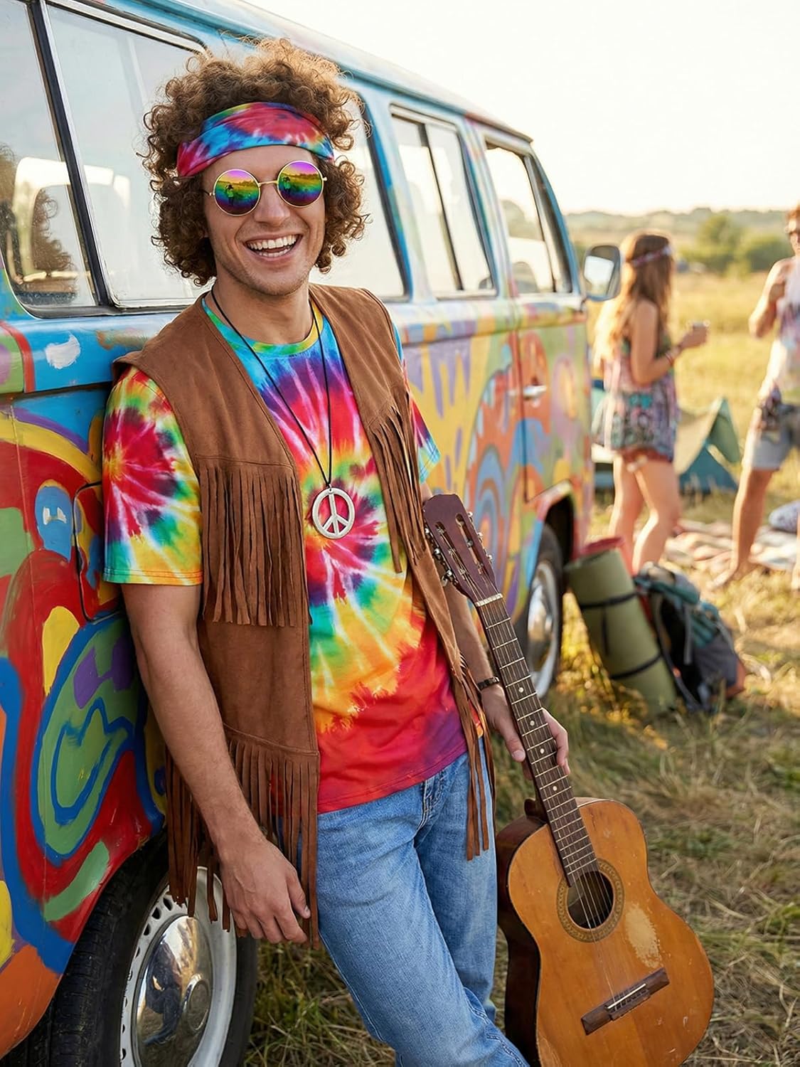 70s Outfits for Men 7pcs Hippie Costume for Men Tie Dye T-shirt Fringe Vest Peace Necklace Wig Sunglasses Headband - Image 3