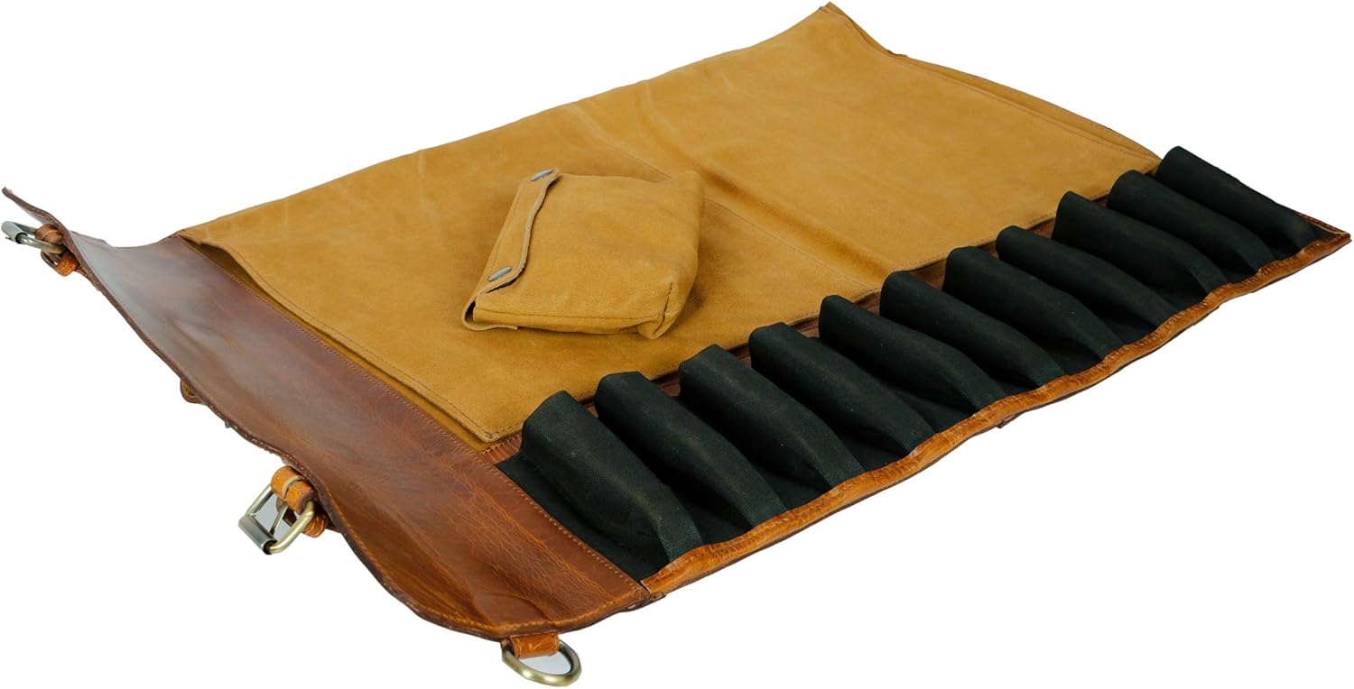 Personalized Leather Knife Roll Storage Bag | Elastic and Expandable 11 Pockets with Tool Pouch | Adjustable/Detachable Shoulder Strap | Travel-Friendly Chef Knife Case Roll