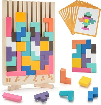 Wooden 3D Russian Block Puzzle for Kids Ages 3-8, 42 PCS Colorful Geometric Shapes with Pattern Cards, STEM Montessori Toys for Kids, Educational 3D Shape Sorting & Building Game