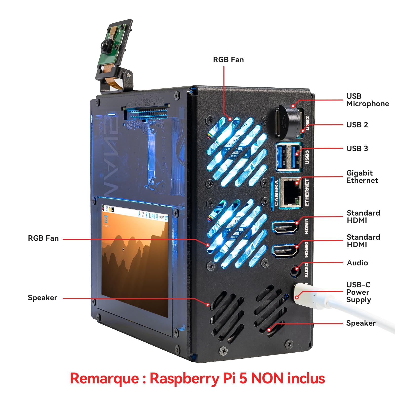 Pironman 5 Pro Max boîtier Mini PC avec écran tactile 4,3" pour Raspberry Pi 5, agent IA OpenClaw, double NVMe RAID 0/1 NAS, caméra, micro, audio, M.2 Hailo8, LLMs ChatGPT/Gemini (RPI5 non inclus)