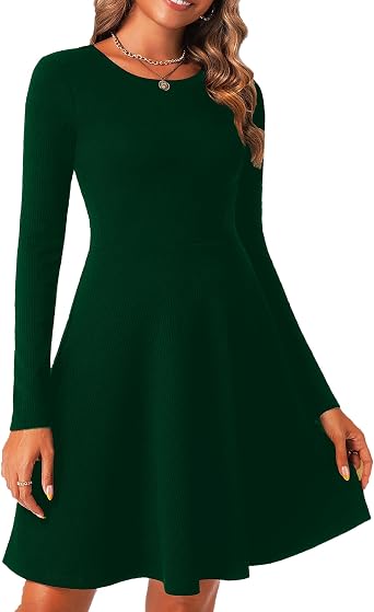 Chongbaijia Women Long Sleeve Dress 2026 Fall Crewneck Ribbed Knit A Line Flowy Casual Elegant Going Out Dresses