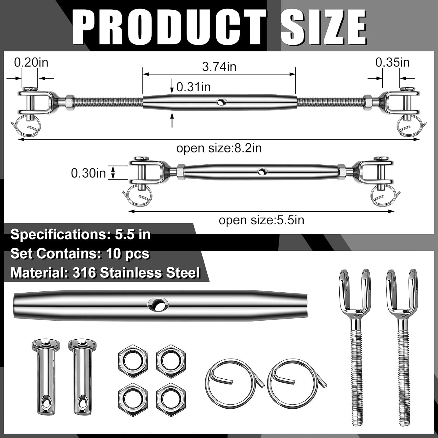 Frienda 10 Pcs 3/16 (M5) 316 Polished Stainless Steel Turnbuckle Jaw Rigging Closed Body Turnbuckle with Jaw Screw Rigging Hardware for Marine Grade Fastening and Binding Rope