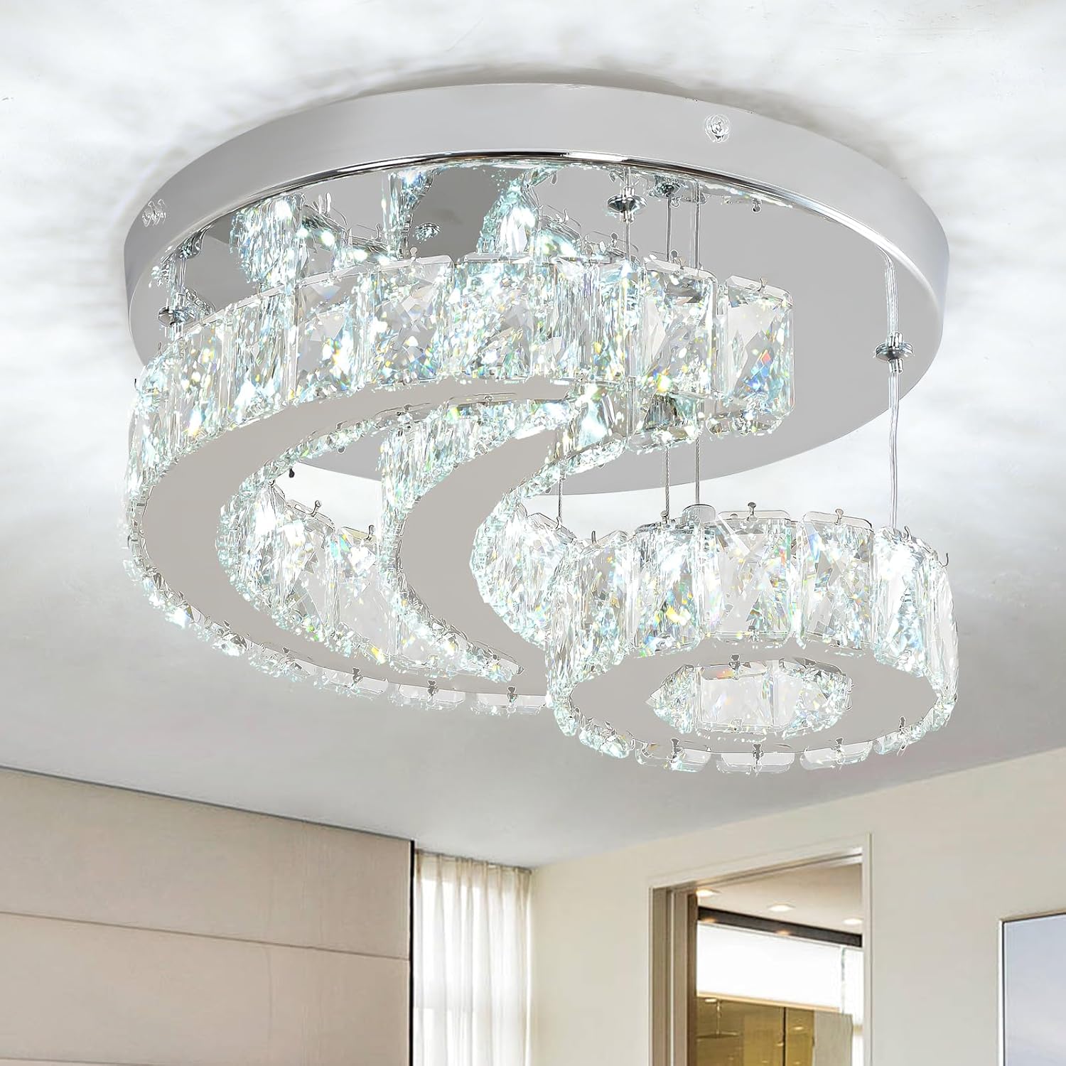 11.8" Crystal Chandeliers Modern Crystal Ceiling Light LED Star Moon Light Semi Flush Mount Chandelier Ceiling Light Fixture for Dining Room Bedroom Hallway (6000K Cool White)