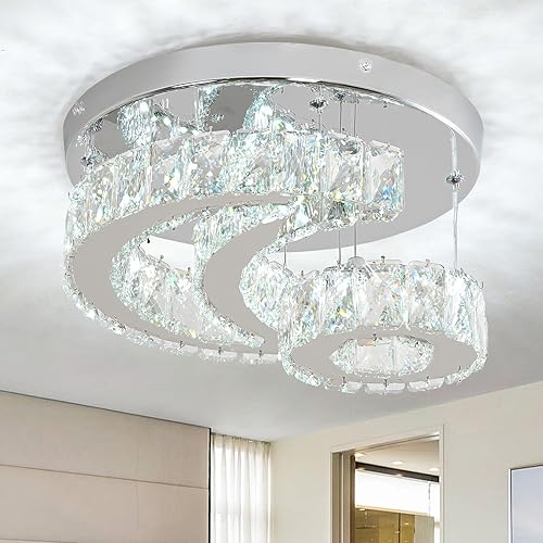 11.8 Inch Crystal Chandelier Flush Mount Ceiling Light Fixture, 2 Tier Height Adjustable (Max 23.62"), 36W LED Modern Chandeliers for Bedroom Kids Room Hallway (6000K, Star Moon Light)