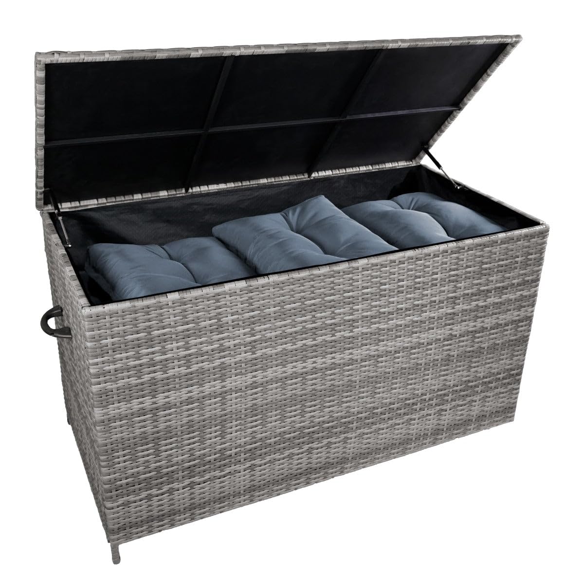 582L Rattan Kissenbox & Wasserdichte Tragetasche | Outdoor Truhe für große Kissen Decke Werkzeug Spielzeug Möbel | Mit Stahlramen, Gasbetriebener Liftdeckel & Rollen | UV- & wetterbeständig [Grau]