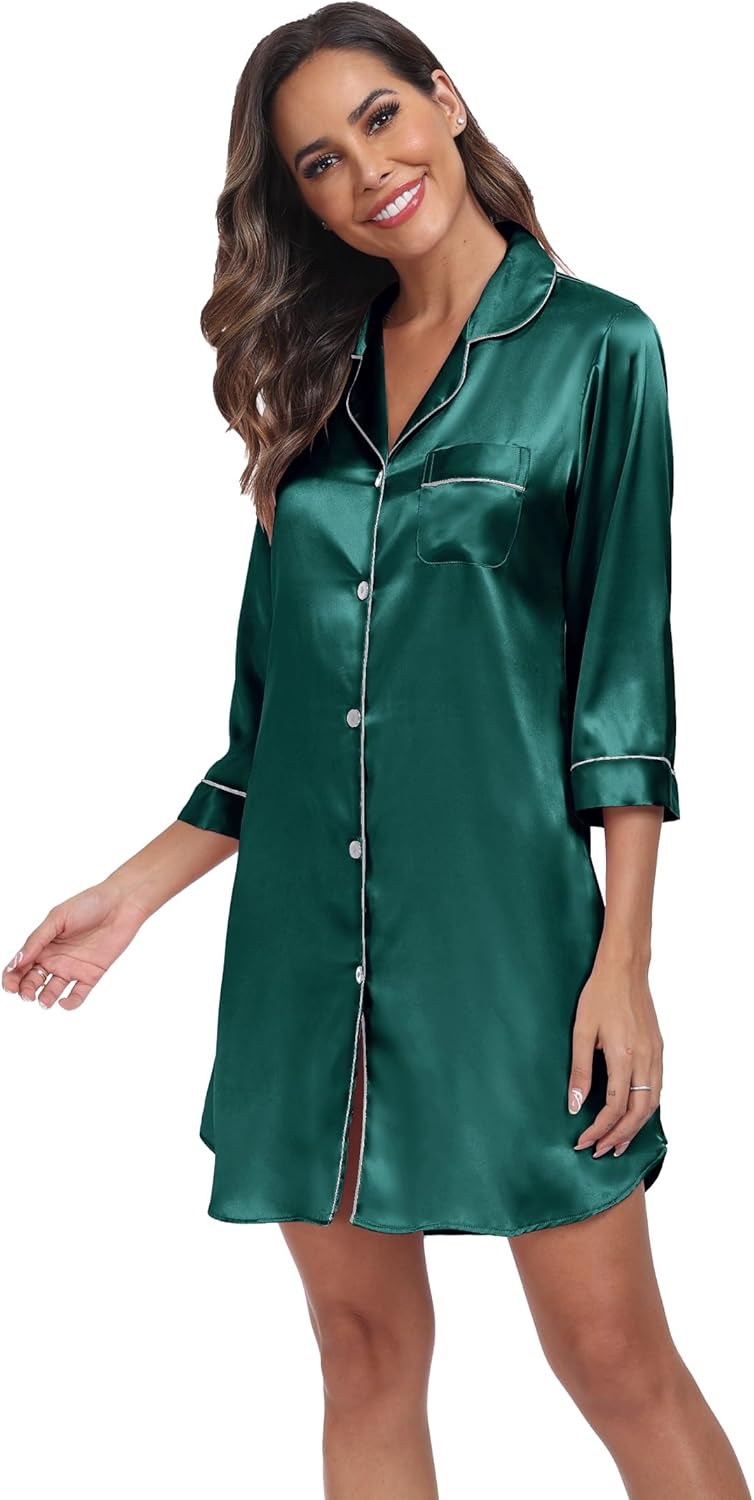 MissNina Women's Satin Nightgowns Classic Button Down Nightshirts 3/4 Sleeve Sleepshirts Sleep Dress Nightdress - Image 5