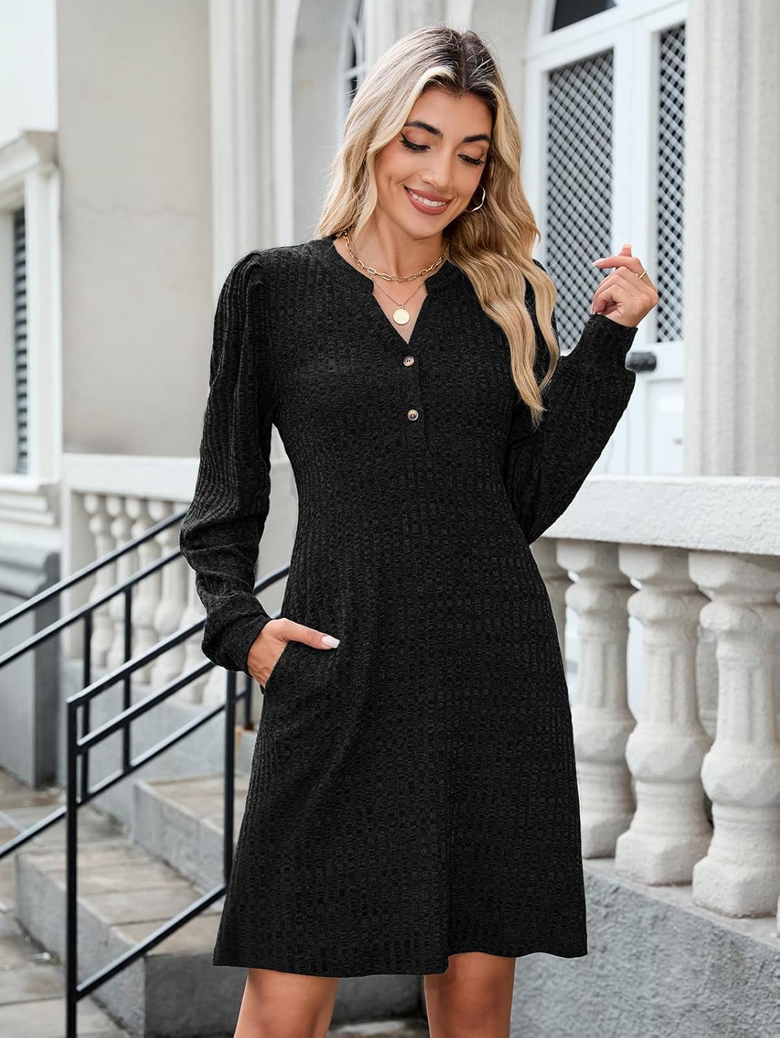 ZAFUL Womens Long Sleeve Fall Dresses with Pockets V Neck Button Casual Bodydoll Knit Sweater Dress 2025 - Image 2