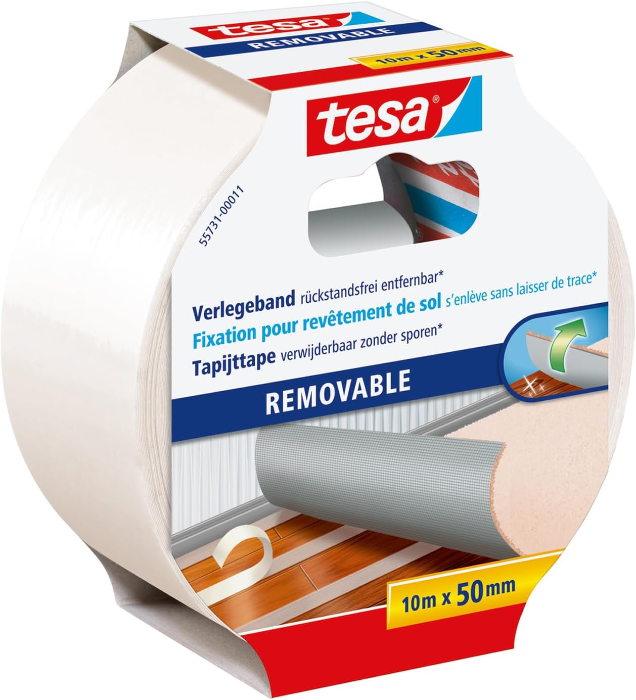 tesa Removable Installation Tape for Carpet and PVC - 10 m x 50 mm | Fabric-Reinforced Double-Sided Adhesive Tape for Bonding Carpet and PVC Floor Coverings - Removes Cleanly Without Residue