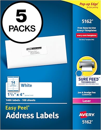 Avery Etiquetas de dirección postal, impresoras láser, 1.400 etiquetas, 1-13 x 4, adhesivo permanente, 5 paquetes (5162)