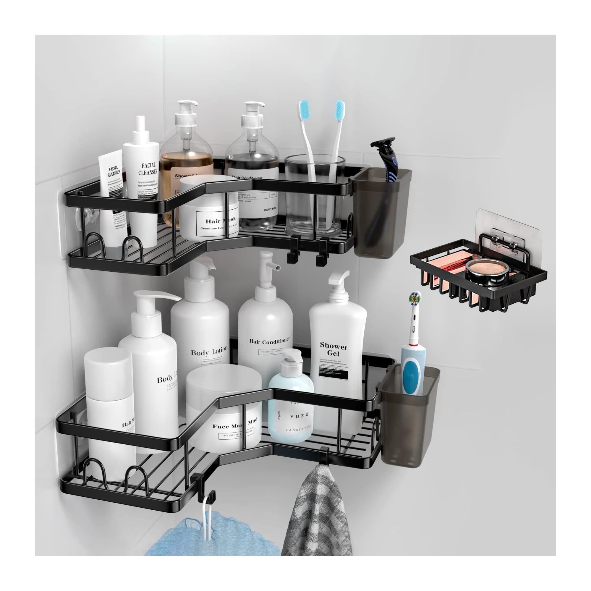 WEKOTEE Corner Shower Caddy, Adhesive Shower Corner Organizer Shelves, No Drilling Stainless Steel Shower Storage Rack with Hooks&Toothpaste Holder for Bathroom and Kitchen,3 Pack
