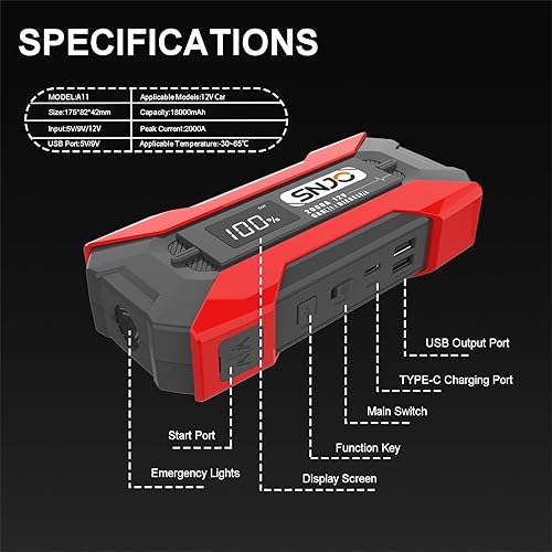 Miniatura 4 de Arrancador de batería de litio de grado A+ de 2000 A, batería de litio de 20000 mAh, arrancador de batería de coche para hasta 8L de gasolina 7L