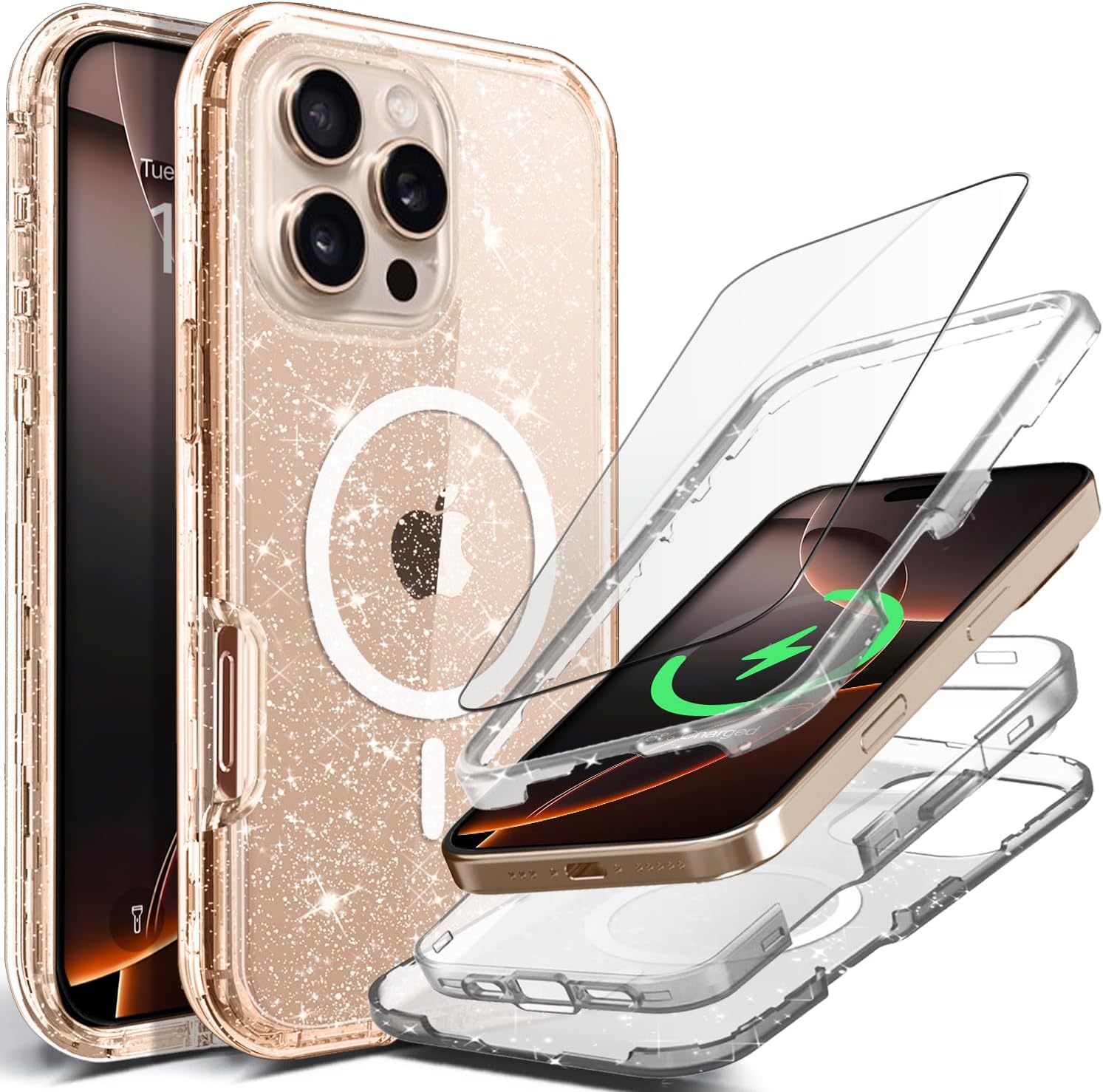 Coolwee Full Protective for iPhone 16 Pro Max Case, Compatible with MagSafe, Cute for Women Girls, Hybrid 3 Layers Heavy Duty Rugged Shockproof for iPhone 16 Pro Max Case Glitter, Crystal Clear Bling