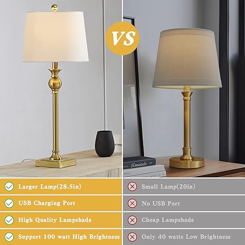 Vista 3 de Maxax 28" Buffet Table Lamps Set of 2 for Living Room, Traditional Brass Gold Bedside Lamps with USB Charging Port, Modern Tall Bedroom Lamps with