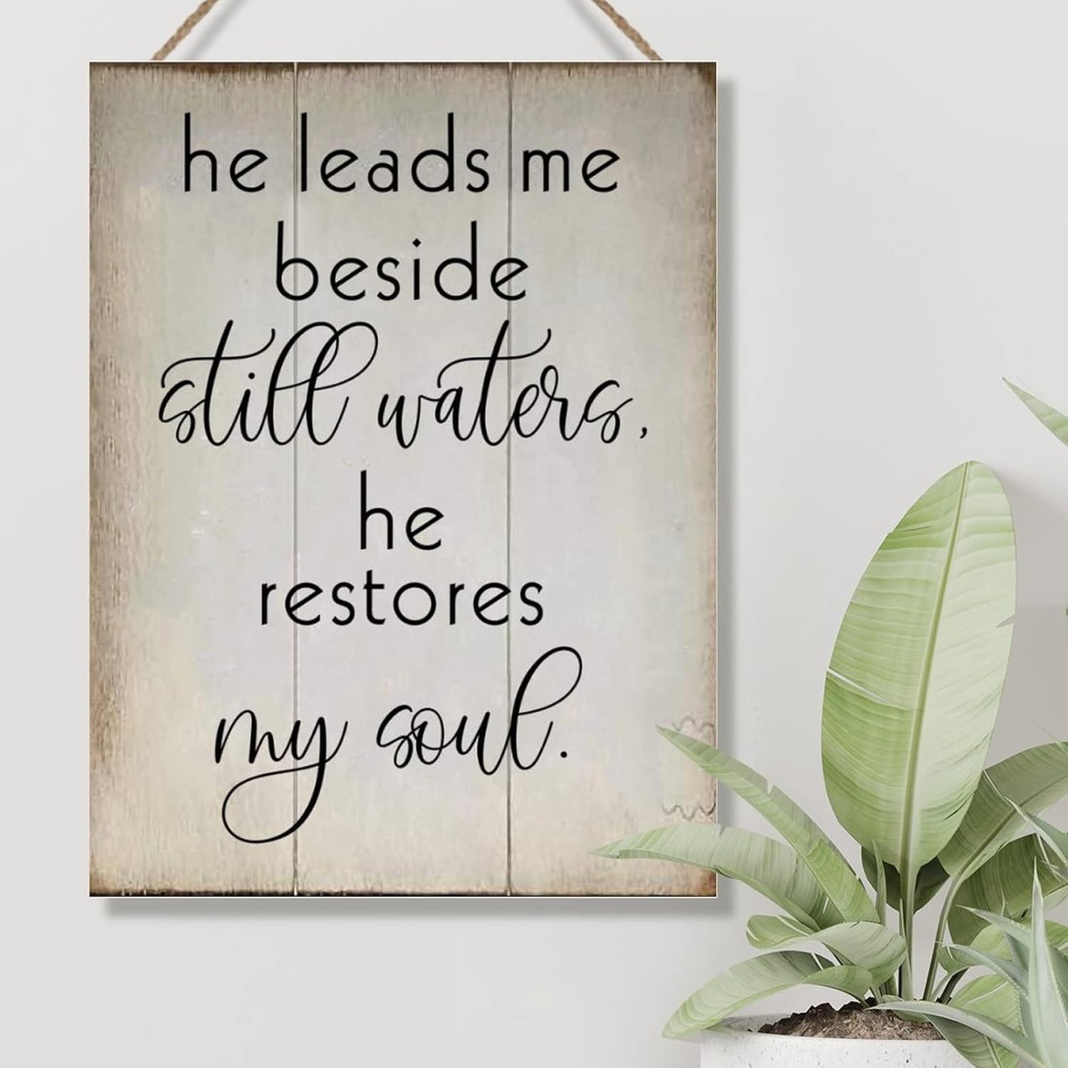 Rustic Wood Wall Plaque He Leads Me Beside Still Waters He Restores My Soul Wall Art Sign Vintage Farmhouse Wall Hanging Sign Art Decor Plaque with Quotes for Home 18x24in