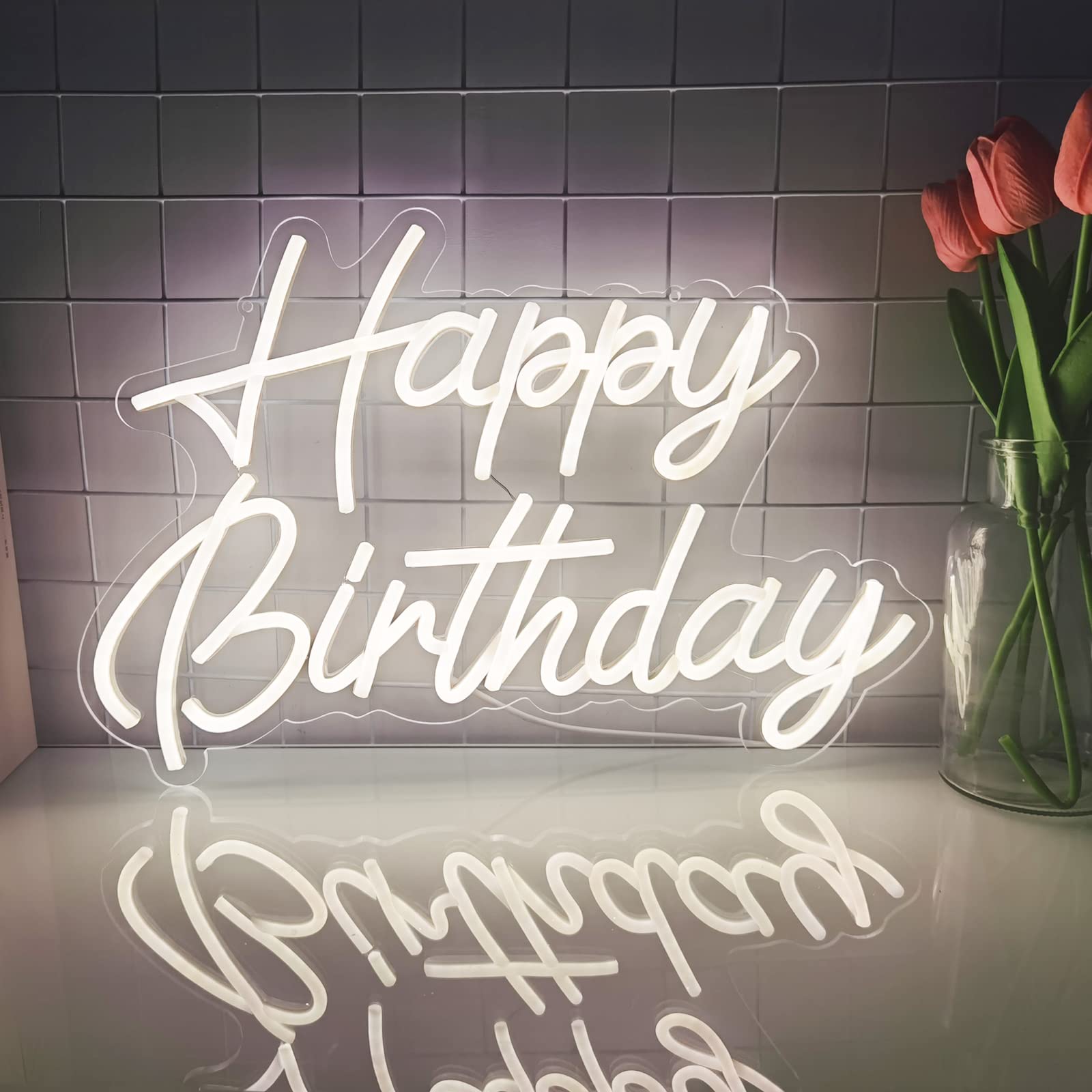 Feliz cumpleaños Señal de neón reutilizable cálido blanco led luz nocturna de neón Decoraciones de la fiesta de cumpleaños USB operado decorativo para la decoración de la pared de fondo 5v, 16.5""*11"