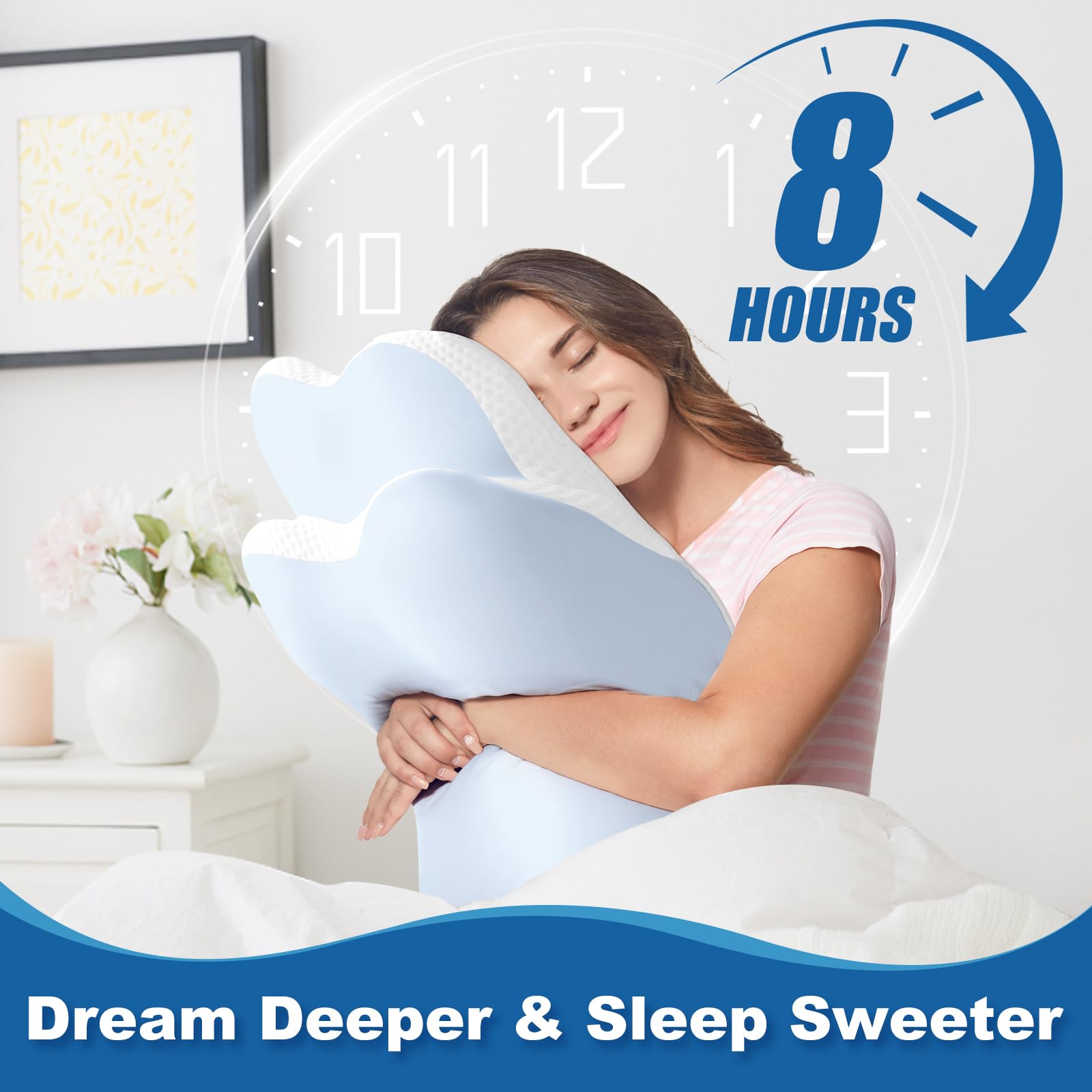 Nackenkissen Kopfkissen - Ergonomisches Kopfkissen für Seiten, Rücken & Bauchschläfer, Memory Foam Kissen mit Kühlung Abnehmbare Kissenhülle （LightBlue）