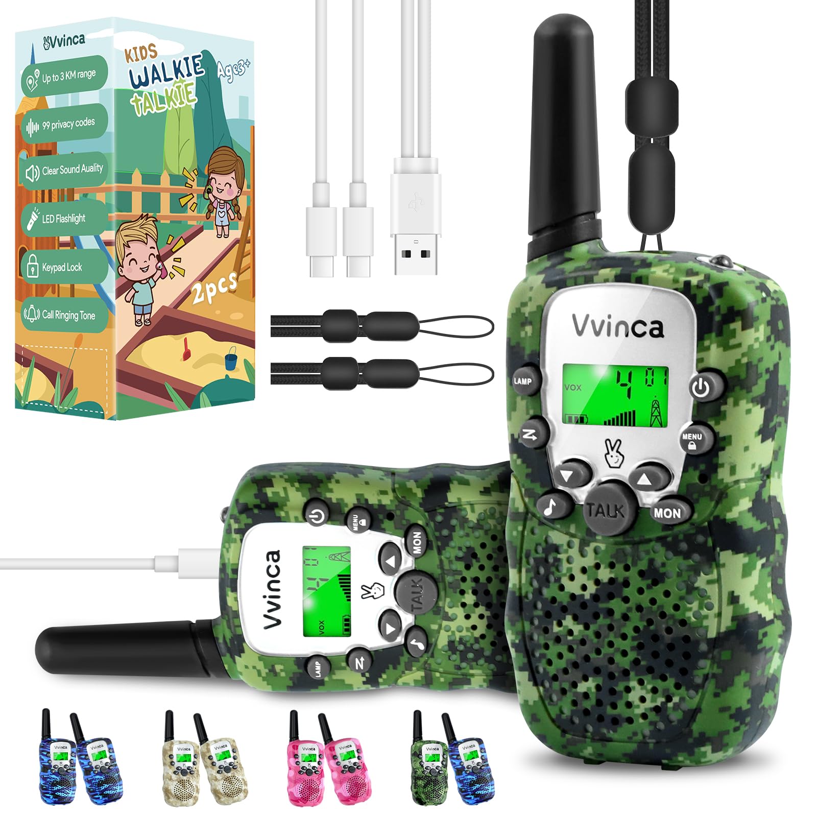 Vvinca Walkie Talkies for Kids Rechargeable 2 Pack, Army Toys for Boys Girls Ages 3-13 Outdoor Military Camping Toy, 3KM Long Range Walkie-Talkie 2 Way Radios 22 CH with Flashlight Birthday Gift