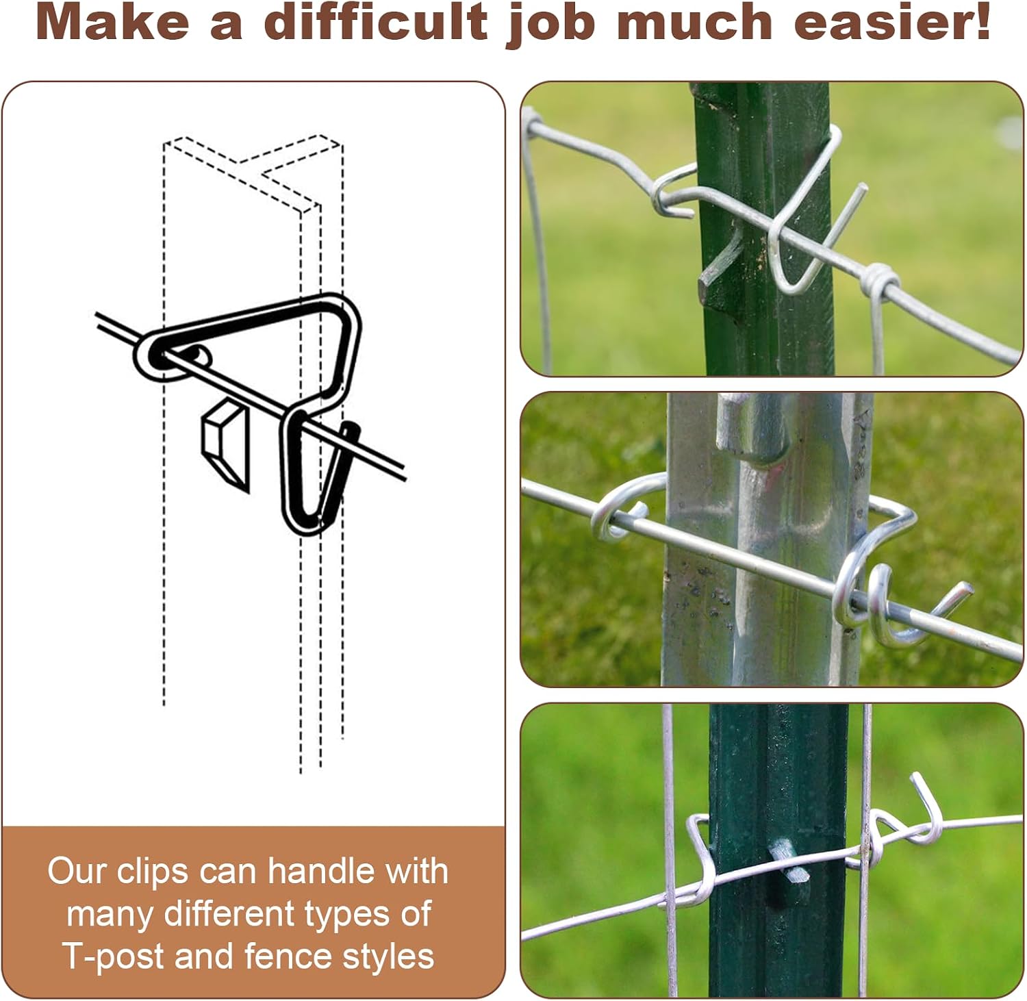 T-Post Clips Fence Wire Clips Galvanized Steel Fence Clips (300PCS) Time-Saving Convenient Pre-Cut Wire Ties