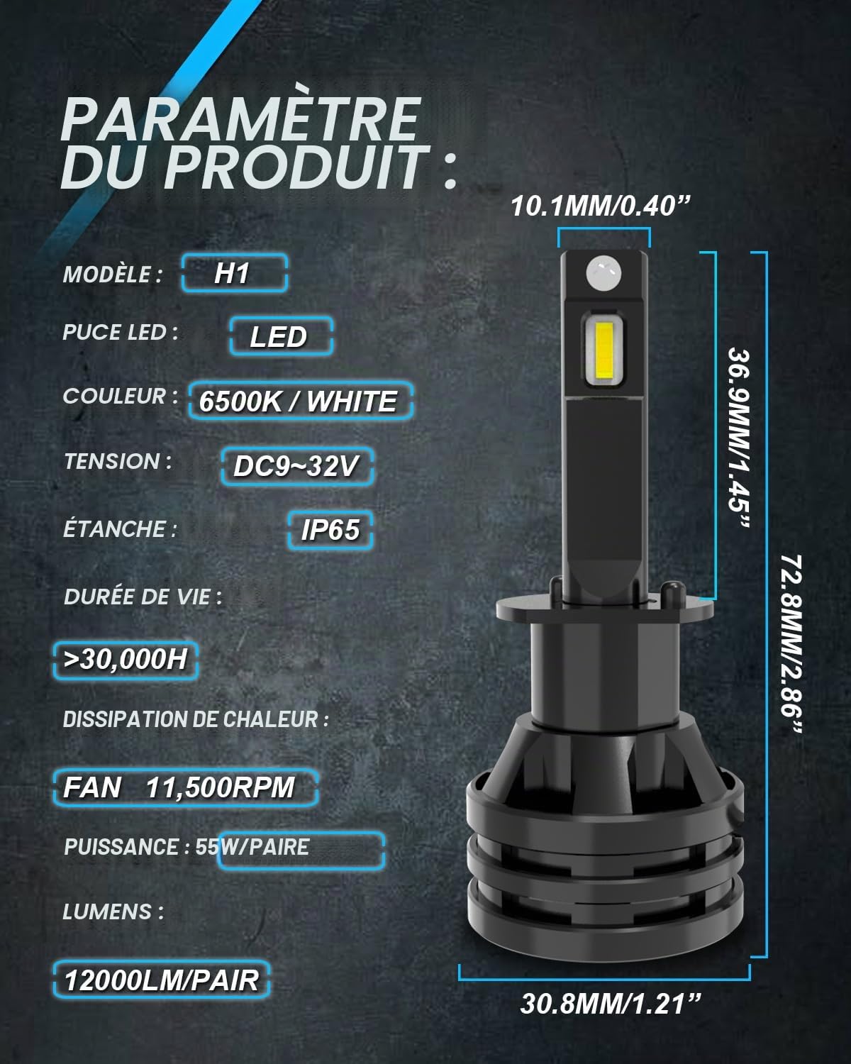 KATUR H1 LED Ampoules de Phare Mini-Conception améliorée puces 12000 lumens Kit de Conversion de phares étanche Tout-en-Un à LED 55W 6500K Xenon White-2 Ans de Garantie