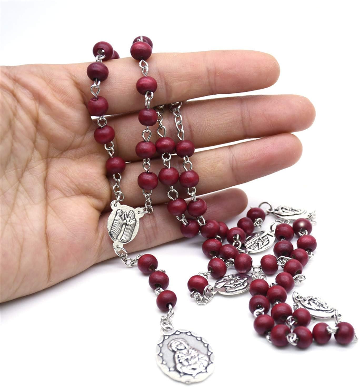 Handmade Wooden Resin Crucifix Rosary Beads Chain Pendant Necklace Colorful Love Heart Catholic Cross Virgin Mary Jesus Necklace for Women Men Religious Lord Praying Jewelry Gift - Image 3