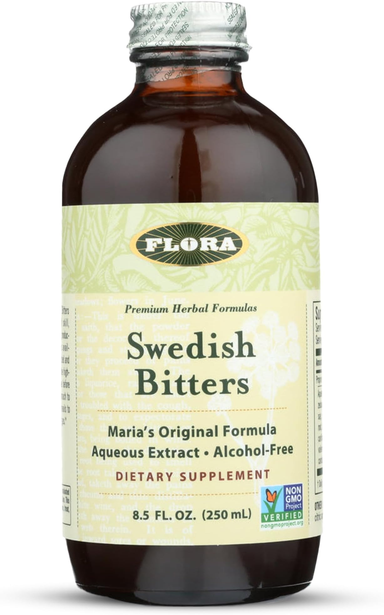 Flora Swedish Bitters - Vegan Digestive Health Supplement - Maria's Original Formula - Includes Angelica Root, Valerian Root, Myrrh Resin & More - Non-GMO & Kosher - 8.5 fl. oz Glass Bottle