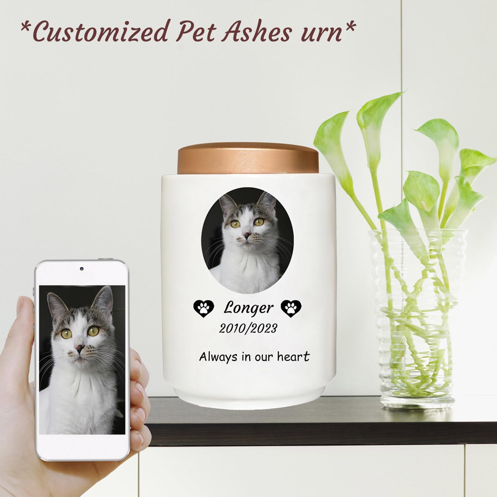 Urnas de Mascotas para Cenizas de Gatos - Urna de Gato Personalizada Urna de cerámica Urnas de cremación de Mascotas Cat Memorial, Blanca