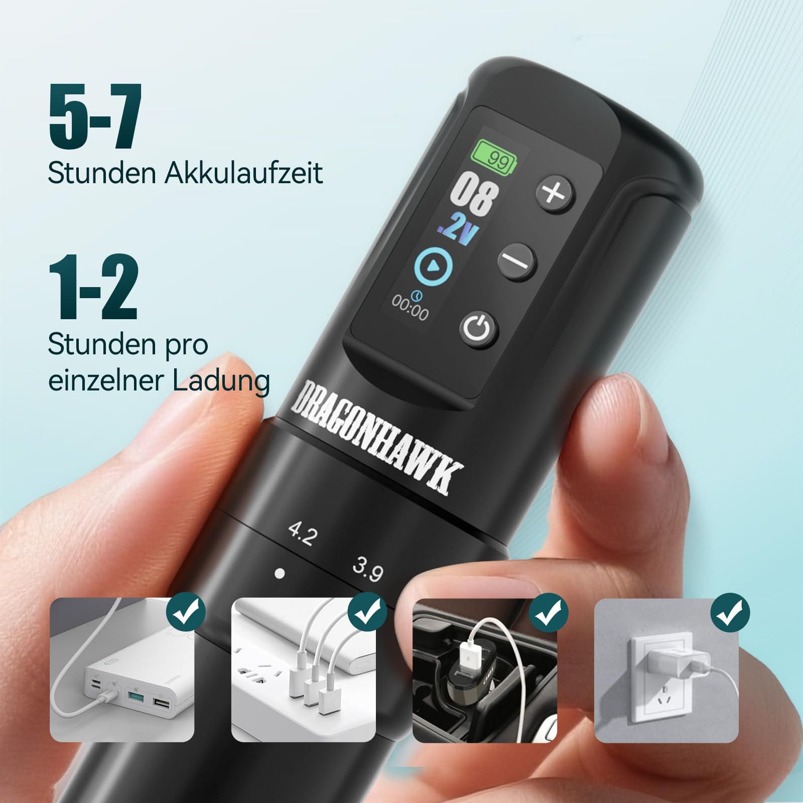 Dragonhawk Atom2 Pro Tattoo Maschine Pen kabellose Tätowiermaschine Rotary Akku Tattoo Gun 7 Strokes Length 2000mAh Batterie für Tattoo Anfänger (MYWQP-082S) | Kabellose Tätowiermaschine mit 2000 mAh 2 Akkus Tattoo Nadeln Vibrationsarm Für Anfänge Linien
