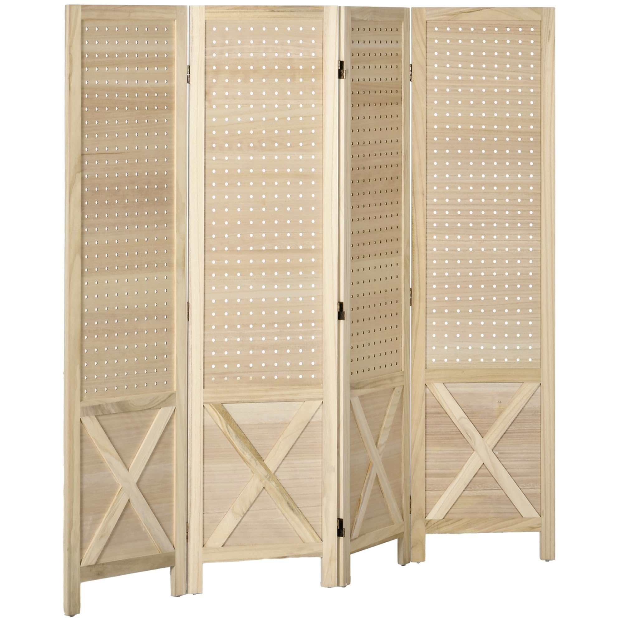 HOMCOM Biombo de 4 Paneles Plegable de Madera 152x1,7x144,5 cm Natural | Separador de Ambientes, Divisor de Habitación de Madera, Pantalla de Privacidad Agujeros para Colgar, Oficina, Dormitorio