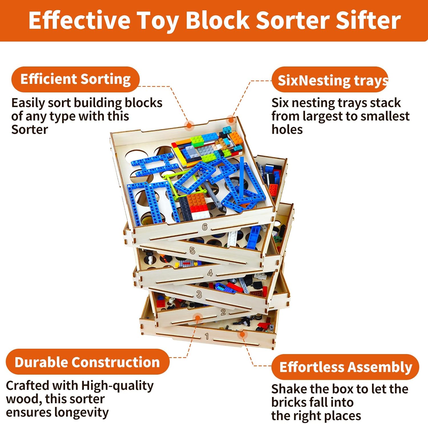 6 Tray Sorter Sifter Box Used for Lego, Storage Sorter Brick Box for Lego Blocks, Gift for LegoLover, Gift for Teens and Adults, 5 Different Size Sorter Perfect for LegoBlocks