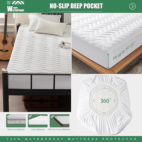 Miniatura 8 de UNILIBRA Protector de colchón impermeable de bambú de tamaño matrimonial, protector de colchón acolchado transpirable, 6 a 19 pulgadas de