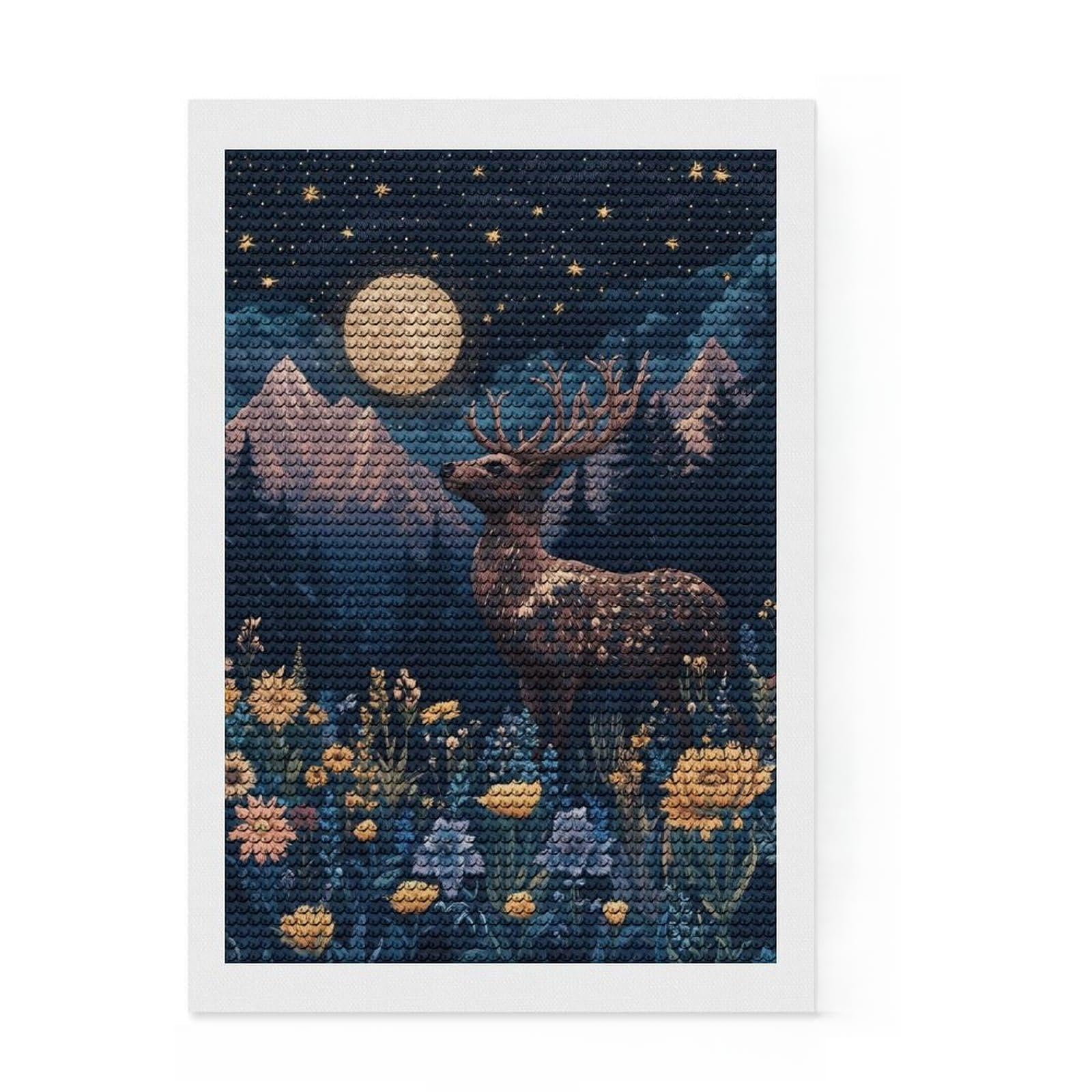 Junmoney Night Deer in The Mountains Diamond Painting Canvas Set 8"x12", Adhesive Canvas, Neat Printed Canvas, Modern Decor, for Craft Lovers