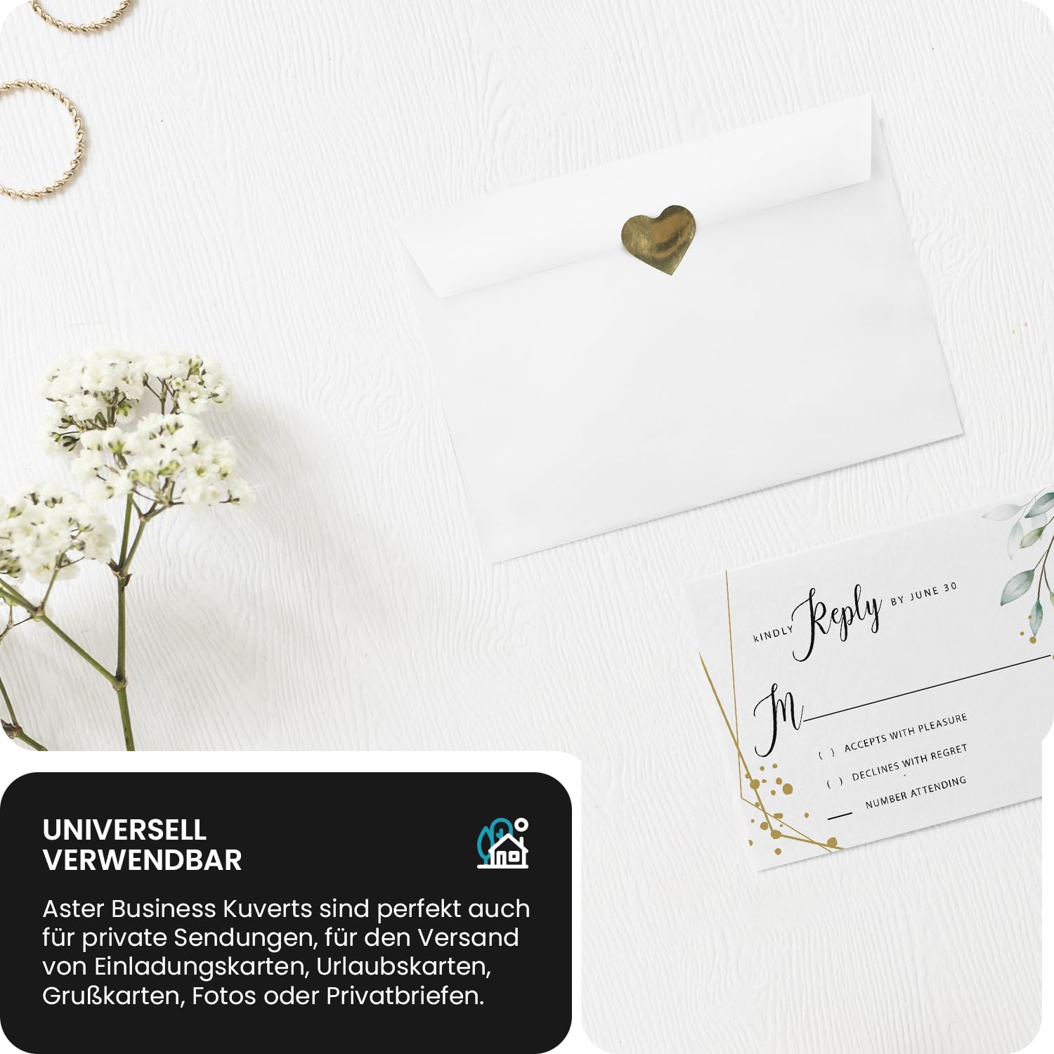 Netuno 500 kopert białych DIN długie 110 x 220 mm 120 g Aster Business koperty DL samoprzylepne bez okienka, długie koperty biznesowe DL Premium papierowe koperty eleganckie do zaproszeń