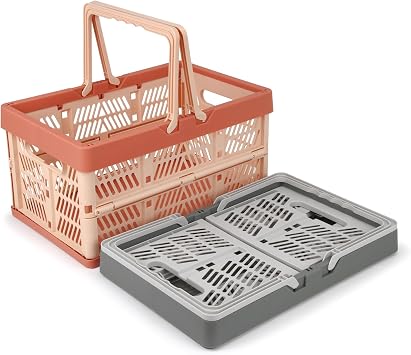 2-Pack Foldable Storage Baskets, 20L Collapsible Crates PP Grey+Pink | Comfortable carry handles, space-saving design, sturdy PP construction for home storage shopping camping and picnics