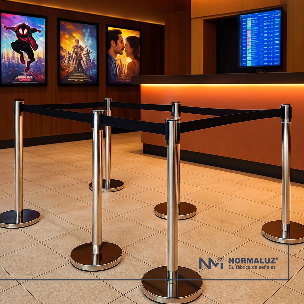 Normaluz BA50190 - Señalización Divisora Homologada Poste Separador Negro Con Cinta De 2 Metros Color Negro Acero Inoxidable 910x51x320mm