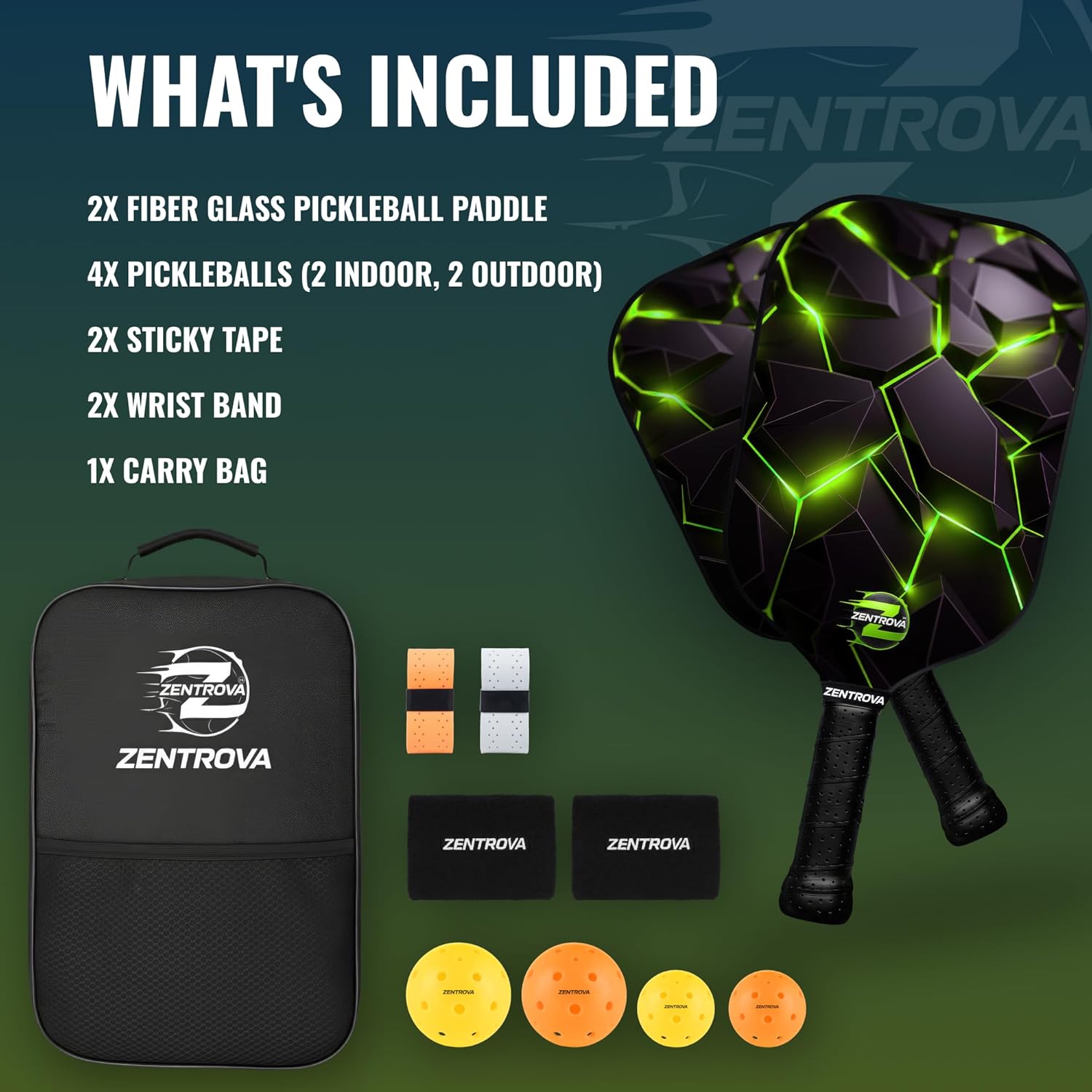 Zentrova Pickleball Paddles Set of 2, Fiberglass Surface w/PP Honeycomb Core Pickleball Rackets, Lightweight Pickle Ball Paddle w/4 Balls, 2 Overgrips, 2 Wristbands & Carry Bag – for Men & Women