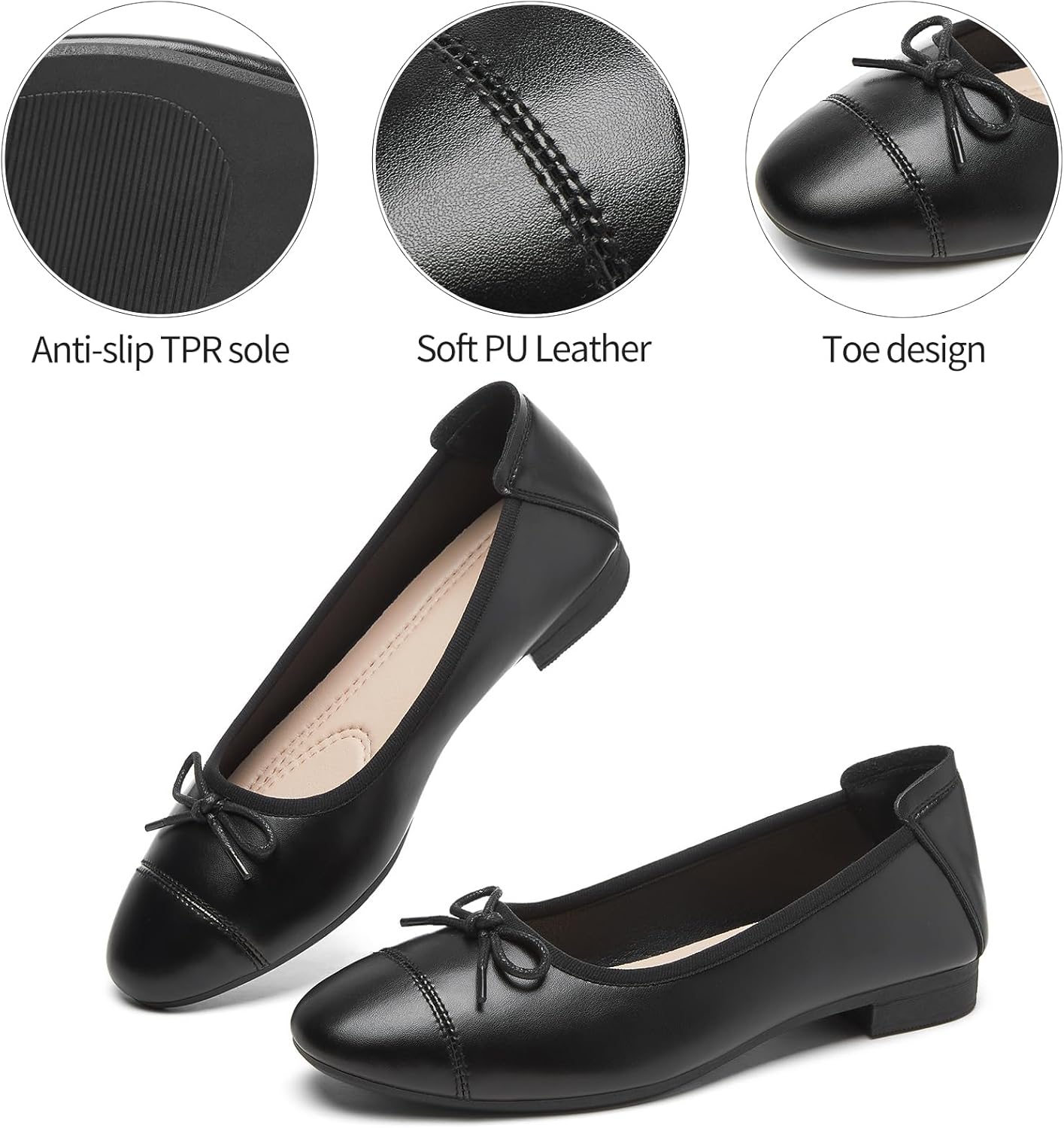 hash bubbie Women's Flats Shoes Black Ballet Flats Foldable PU Leather Comfortable Slip-On Dress Shoes with Bow - Image 8