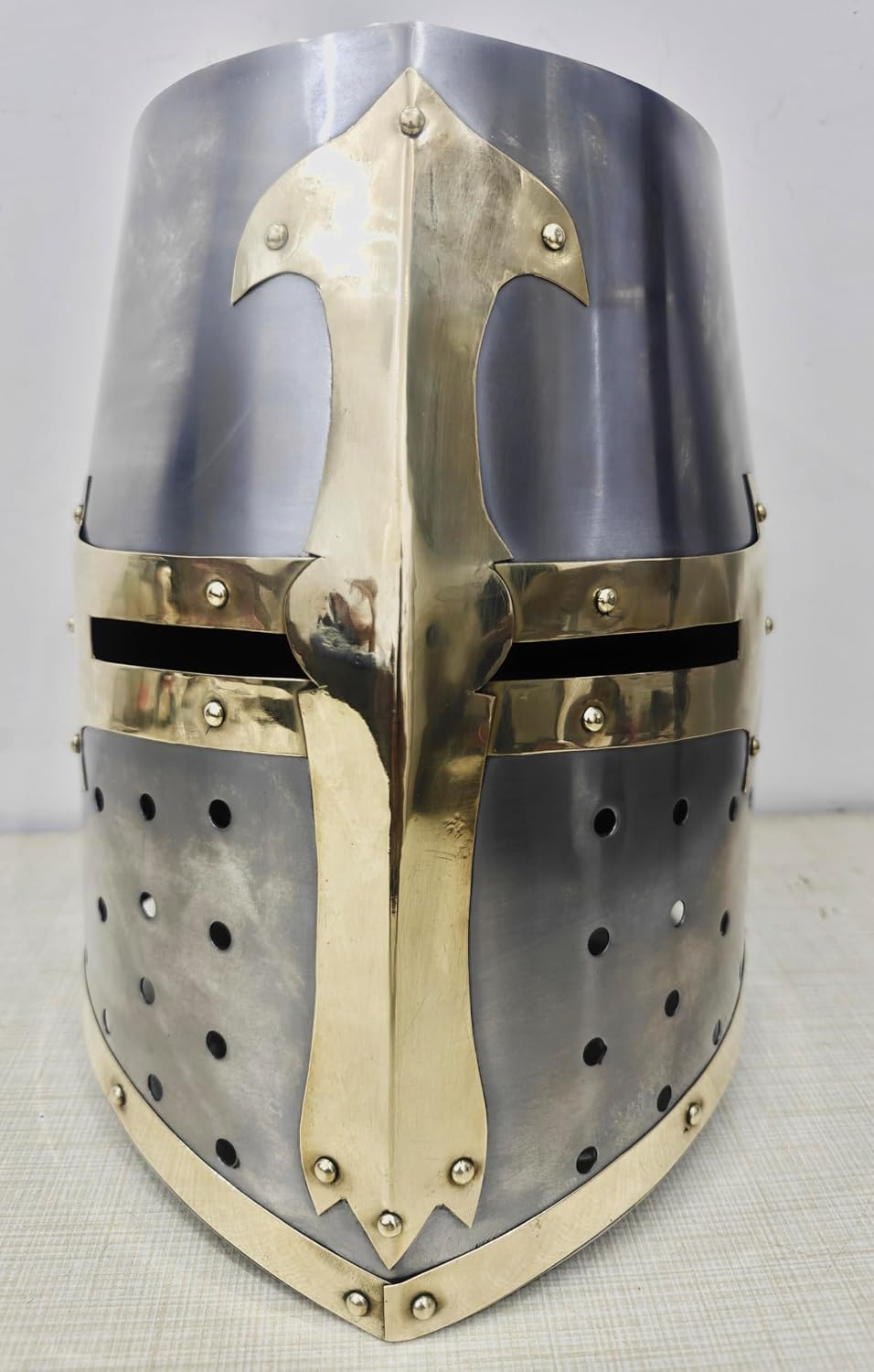 Great Helm Medieval Templar Knight Helmet, Mild Steel Crusader Helmet with Brass Mason Cross, Bucket Helm SCA LARP Middle Age Reenactment Adult Costume Armor
