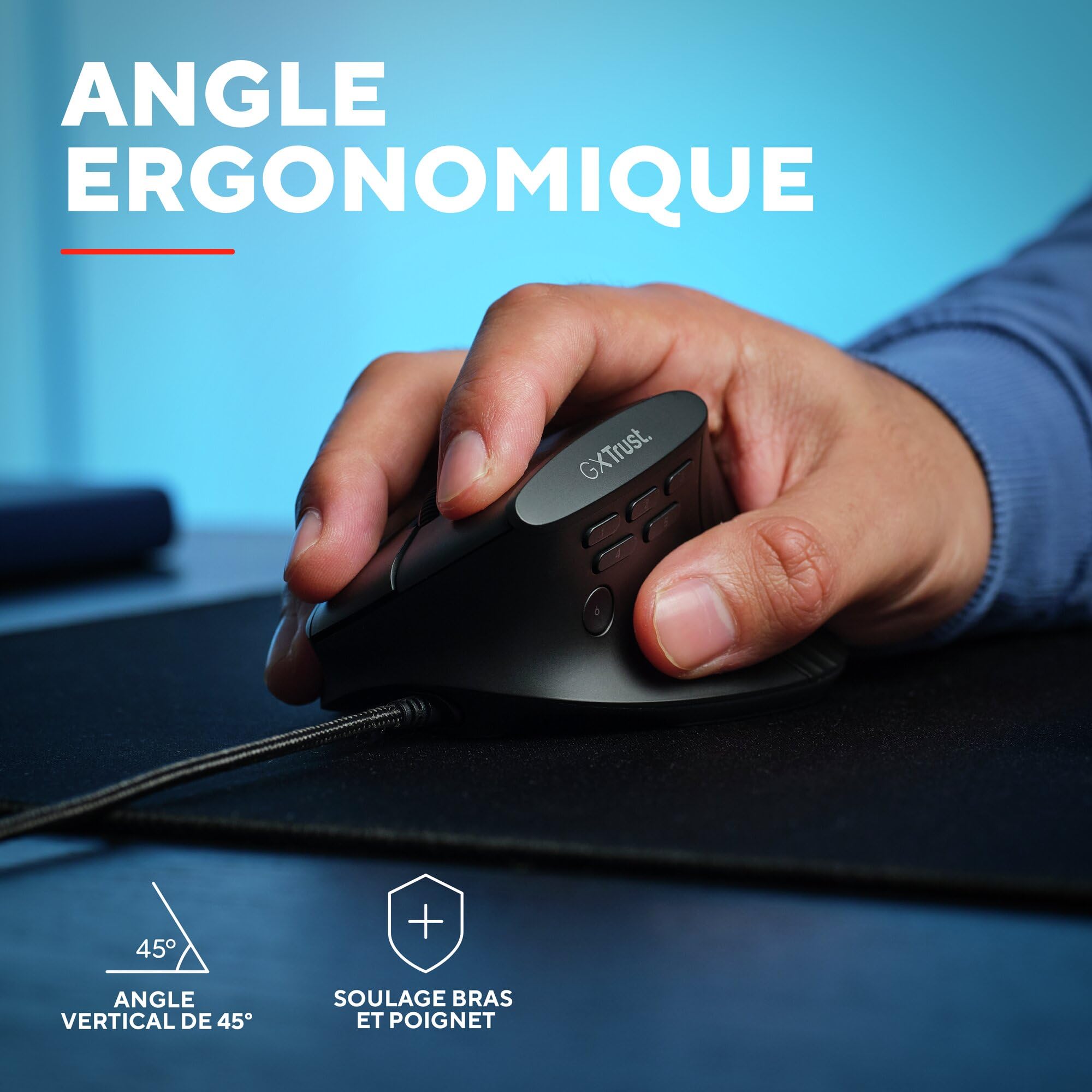 GXTrust Rexxa Souris Gamer Verticale 12.8k DPI, Boutons Programmables, Noir | Souris Ergonomique Gaming Filaire, Éclairage RVB, Câble USB-A 1,7 m, Repose-Pouce, Logiciel Inclus