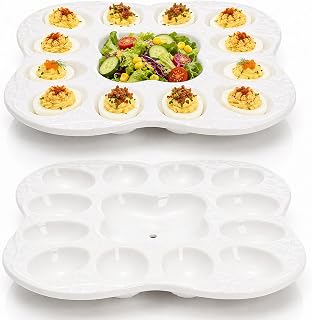 Peohud 2 Pack Ceramic Deviled Egg Platter Trays, 24 Holes Detachable Easter Egg Holder for Kitchen Countertop, Party Display, Microwave Dishwasher Freezer Safe