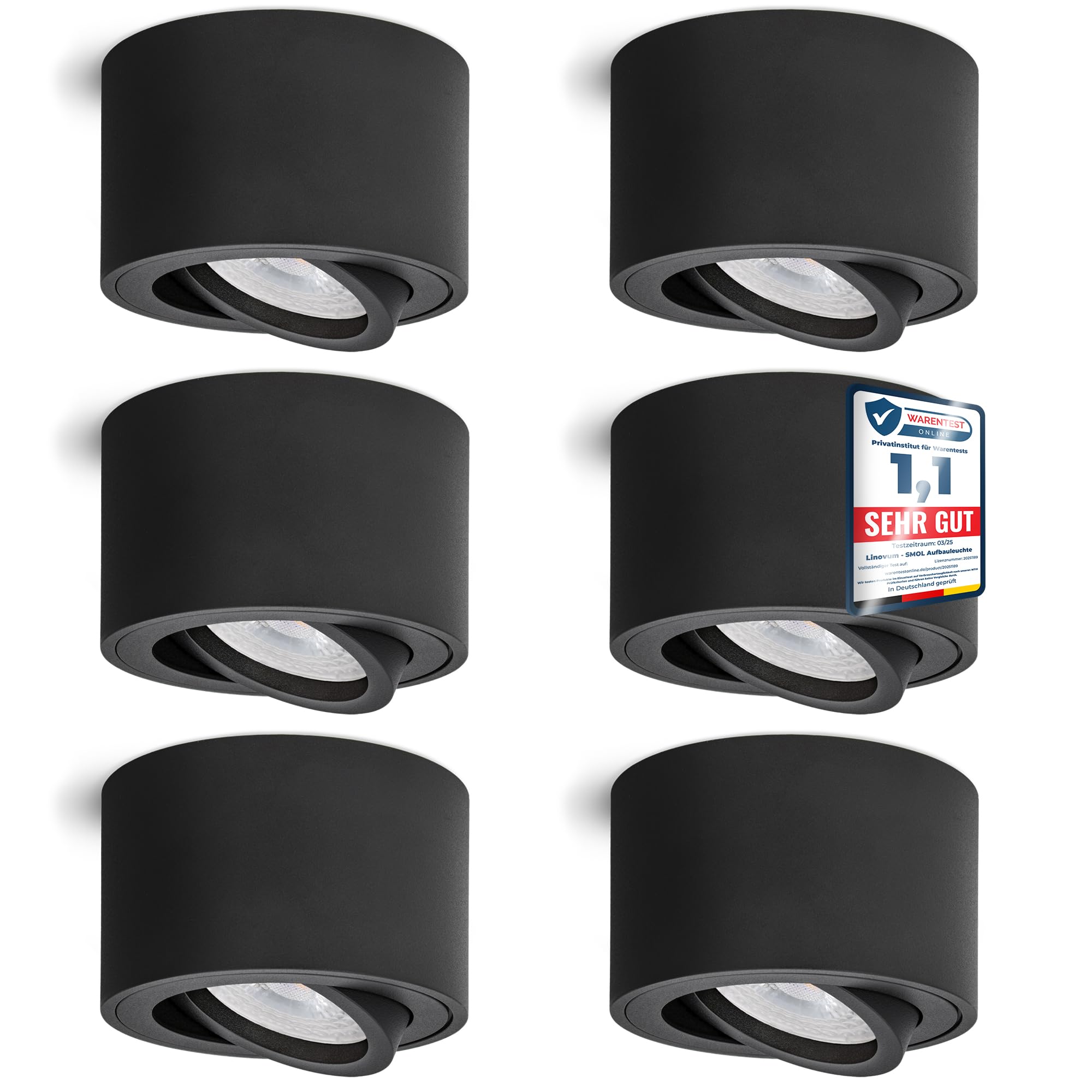 linovum 6 faretti LED da soffitto SMOL in nero, piatti e orientabili, con modulo LED da 5 W, bianco neutro, 230 V