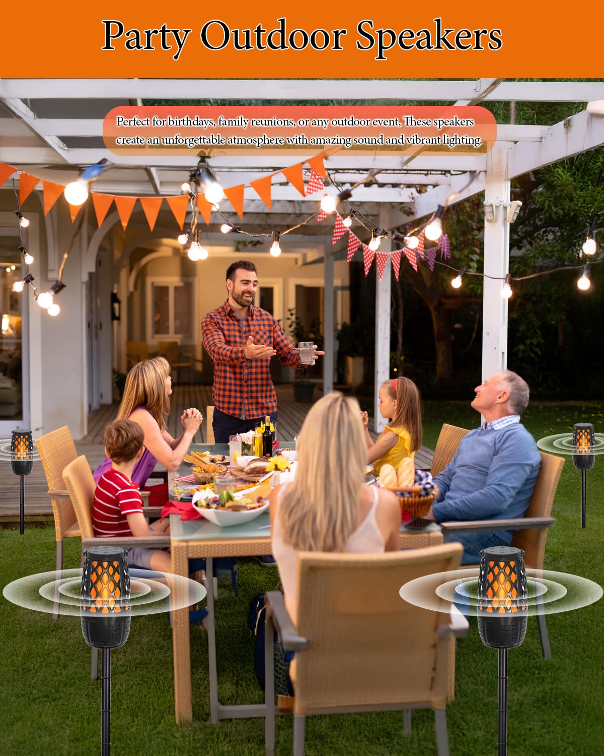2 Pack LED Flame Outdoor Bluetooth Speaker, Unique Gifts for Men, IPX6 Waterproof Tiki Torch Atmosphere Flame Speaker for Party Patio Garden, Outdoor Speakers with Stake, Hook, Wall Mount (2 Pack)