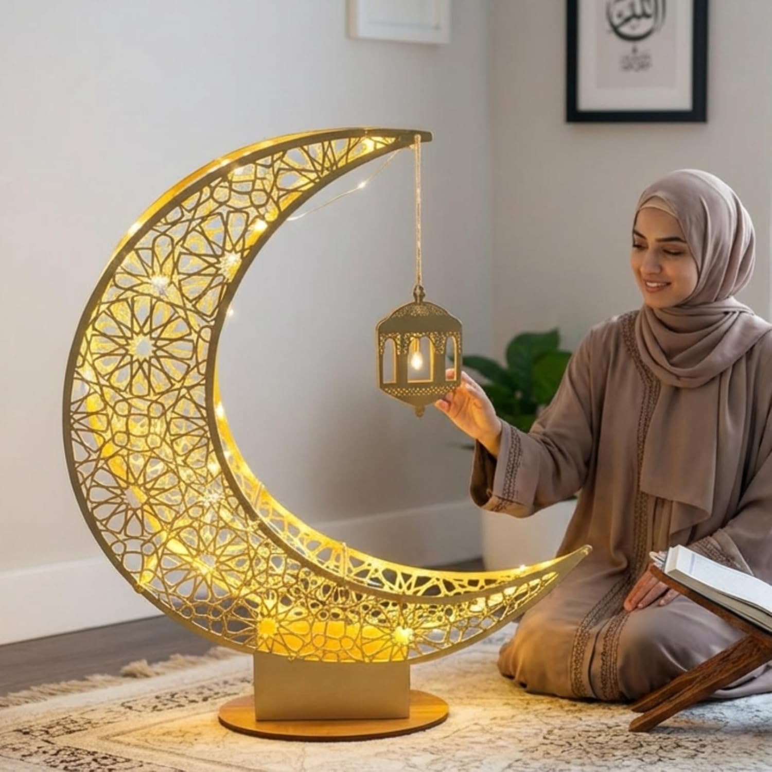 3ft Large Metal Ramadan Decorations Islamic Crescent Moon Decor with Lantern Eid Mubarak Kareem LED Light Decor Islamic Table Centerpieces Gift for Muslims in Ramadan Eid(Gold)