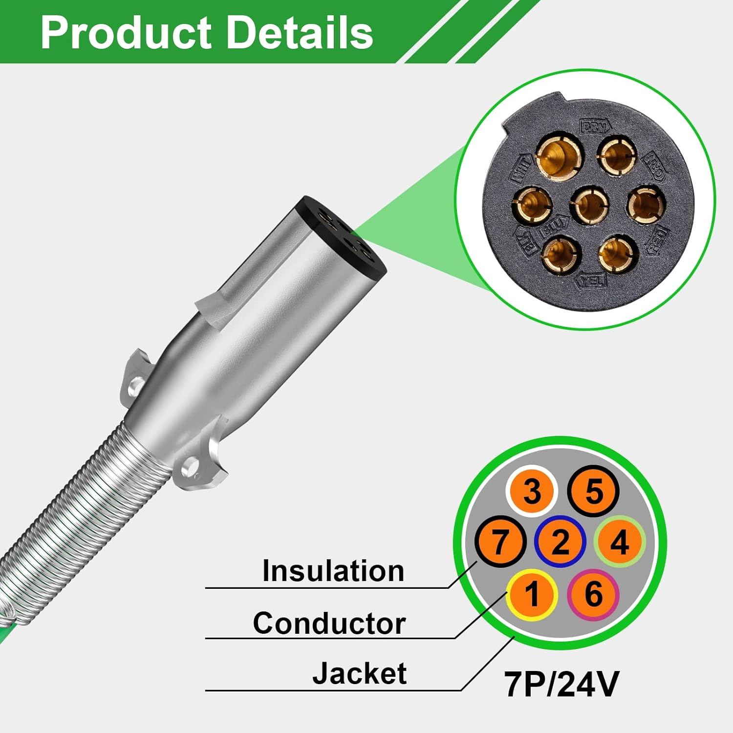 7 Way Trailer Wire 15FT Electrical Power Coiled Cord- ABS Trailer Breakaway Cable for Semi Trucks Tractors(Green)